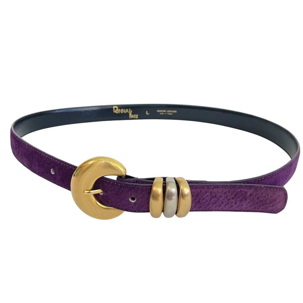 Donna Katz Vintage 80s Purple Suede Leather Belt Gold Silver Mixed Metal L